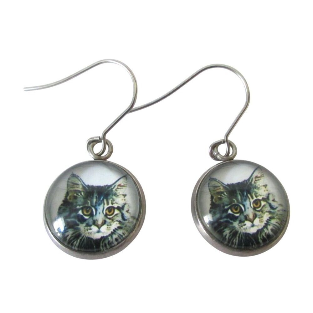 New Tabby Cat Pierced Earrings Stainless Ear Wires Cat Lover Person Jewelry Gift